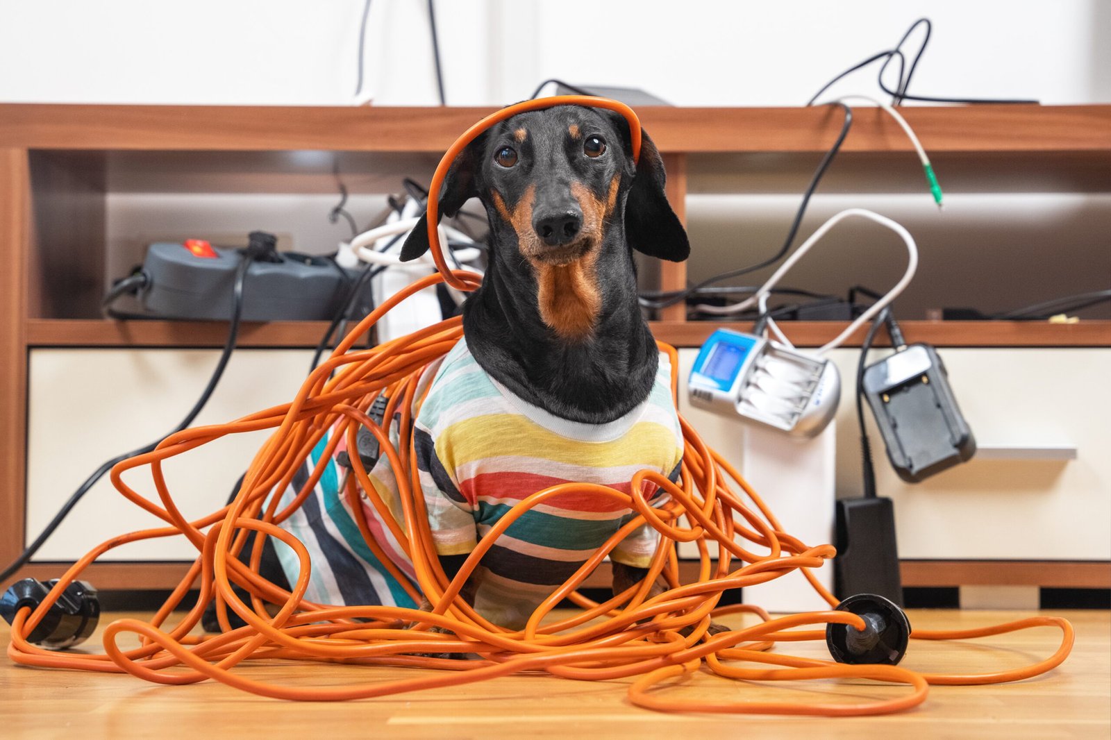 A dachshund wearing a striped shirt sits among tangled orange cables, with electronic devices and chargers in the background.