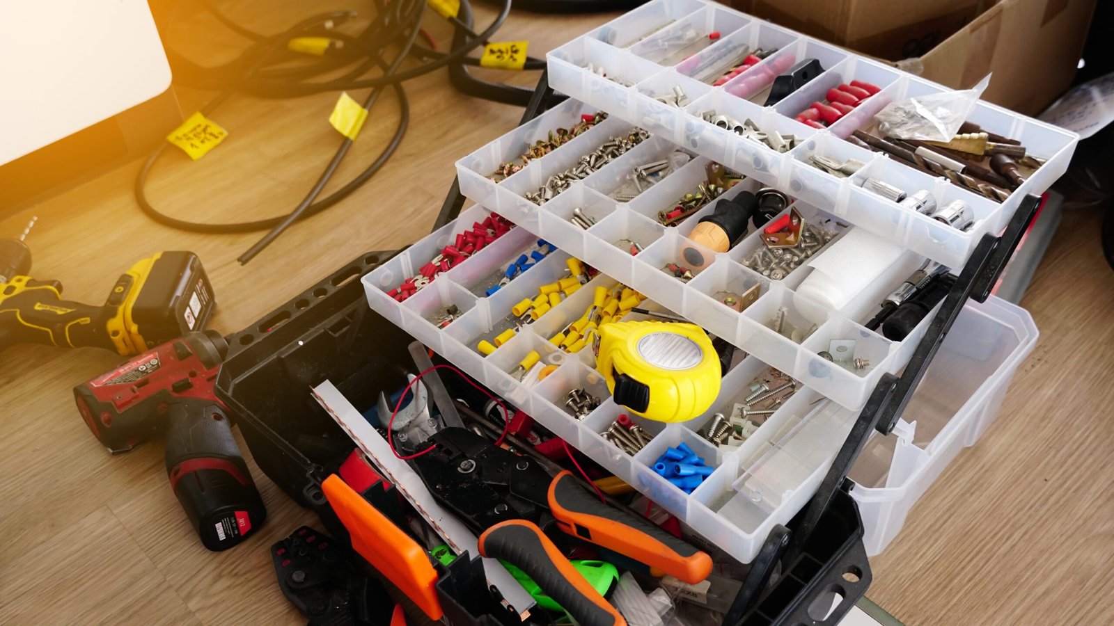 Open organizer boxes filled with various hardware items and tools like screws and cables, with a drill and other tools scattered nearby on the floor.