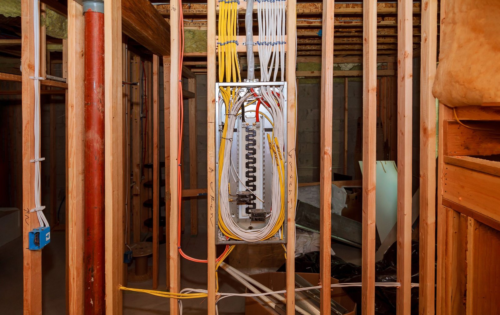 Electrical wiring and piping under installation inside the wooden frame of a building under construction.