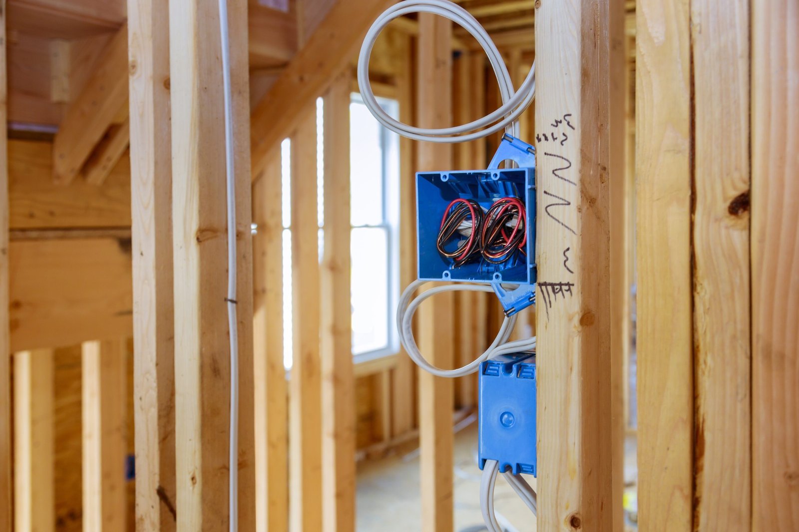 Unfinished electrical junction box with exposed wires installed between the wooden studs of a new construction area.