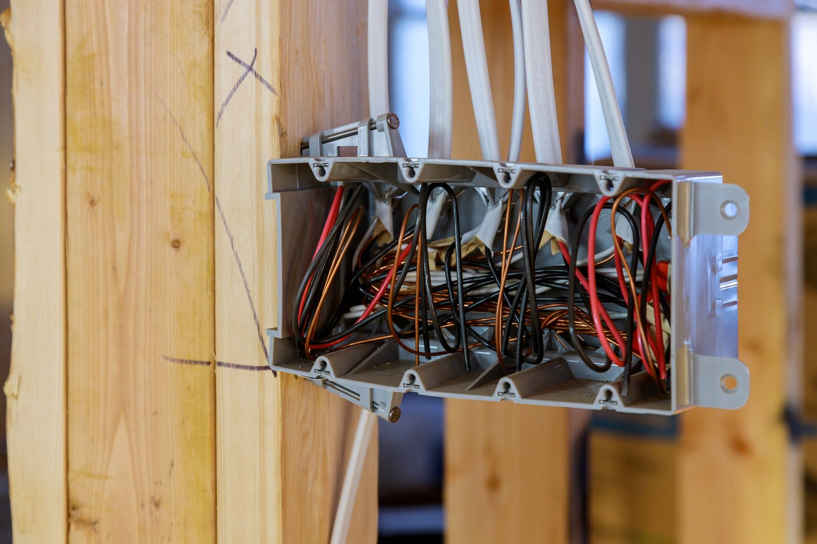 Open electrical junction box with numerous wires on a wooden beam, during installation in a construction site.