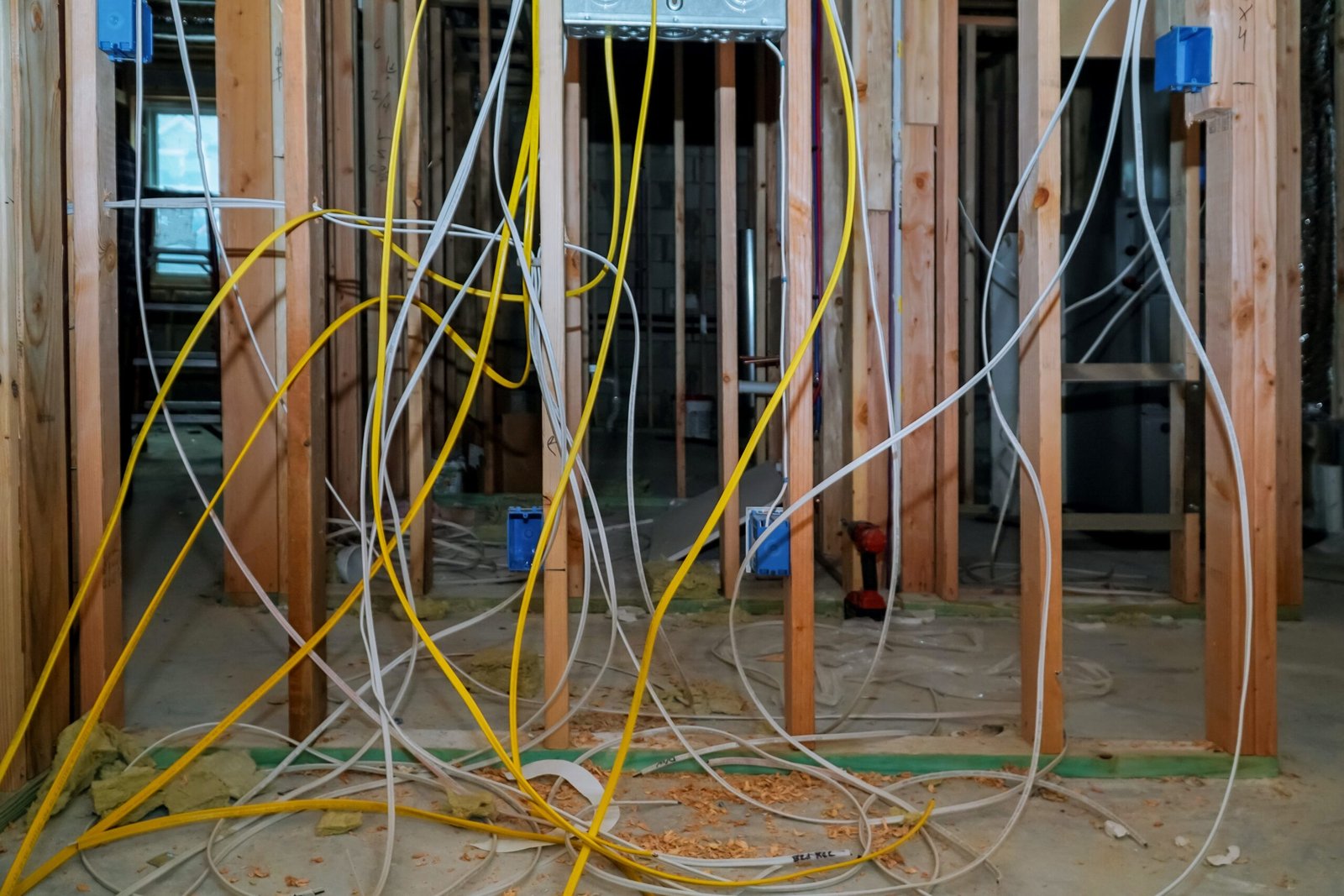 Interior view of a building under construction with exposed wooden framing and a tangle of electrical wires on the floor.